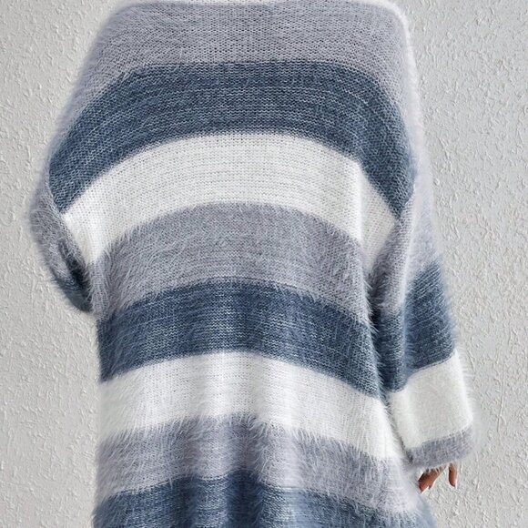 Multicolor Casual Women's Drop Shoulder Open Front Fluffy Knit Duster Cardigan - Picture 3 of 5